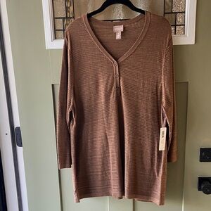 Chico's NWT Touch of Cashmere Soft Brown Henley 3/4 Sleeve Knit Tunic Sz 3 XL